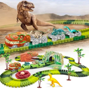 Brinquedos de trem de dinossauro criar um dinossauro mundo estrada corrida-playset de pista flexível, dinossauros brinquedos carro de corrida para meninos velhos meninas