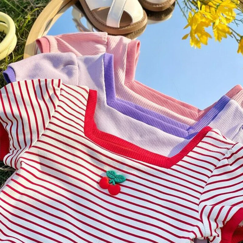 Camiseta infantil de manga curta para o verão, camiseta fashion para meninas, roupas confortáveis para crianças, tops com decote quadrado - Imagem 3