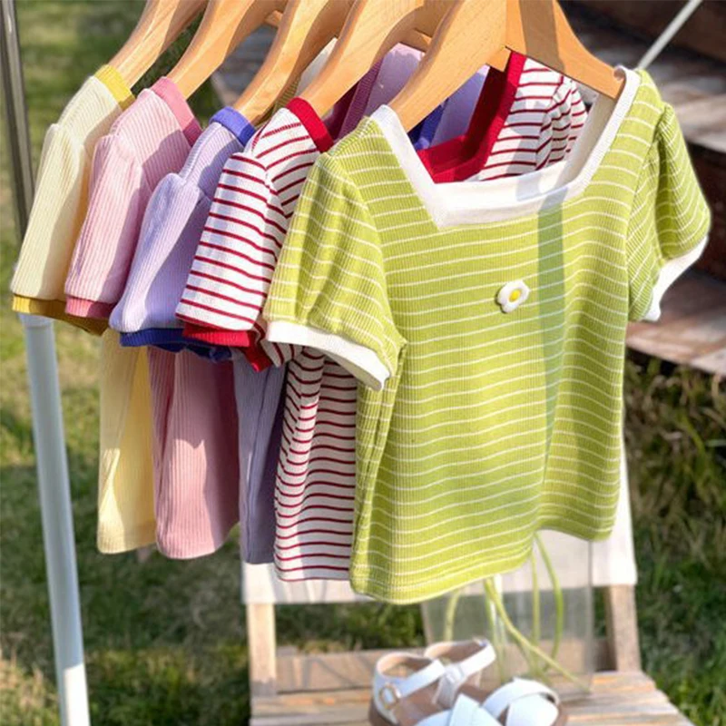 Camiseta infantil de manga curta para o verão, camiseta fashion para meninas, roupas confortáveis para crianças, tops com decote quadrado - Imagem 4