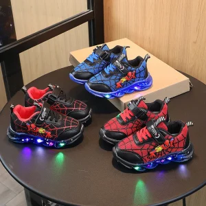 Led tênis casuais vermelho preto para primavera meninos spiderman malha sapatos ao ar livre crianças iluminado sapatos antiderrapantes tamanho 21-30