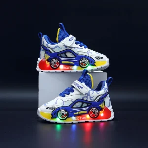 Mgo kidss primavera e outono novas crianças em forma de carro meninos sapatos esportivos dos desenhos animados sapatos de corrida brilhantes para crianças de 1 a 3 a 6 anos sapatos de luz led sapatos de esportes de luz de natal/de dia das bruxas