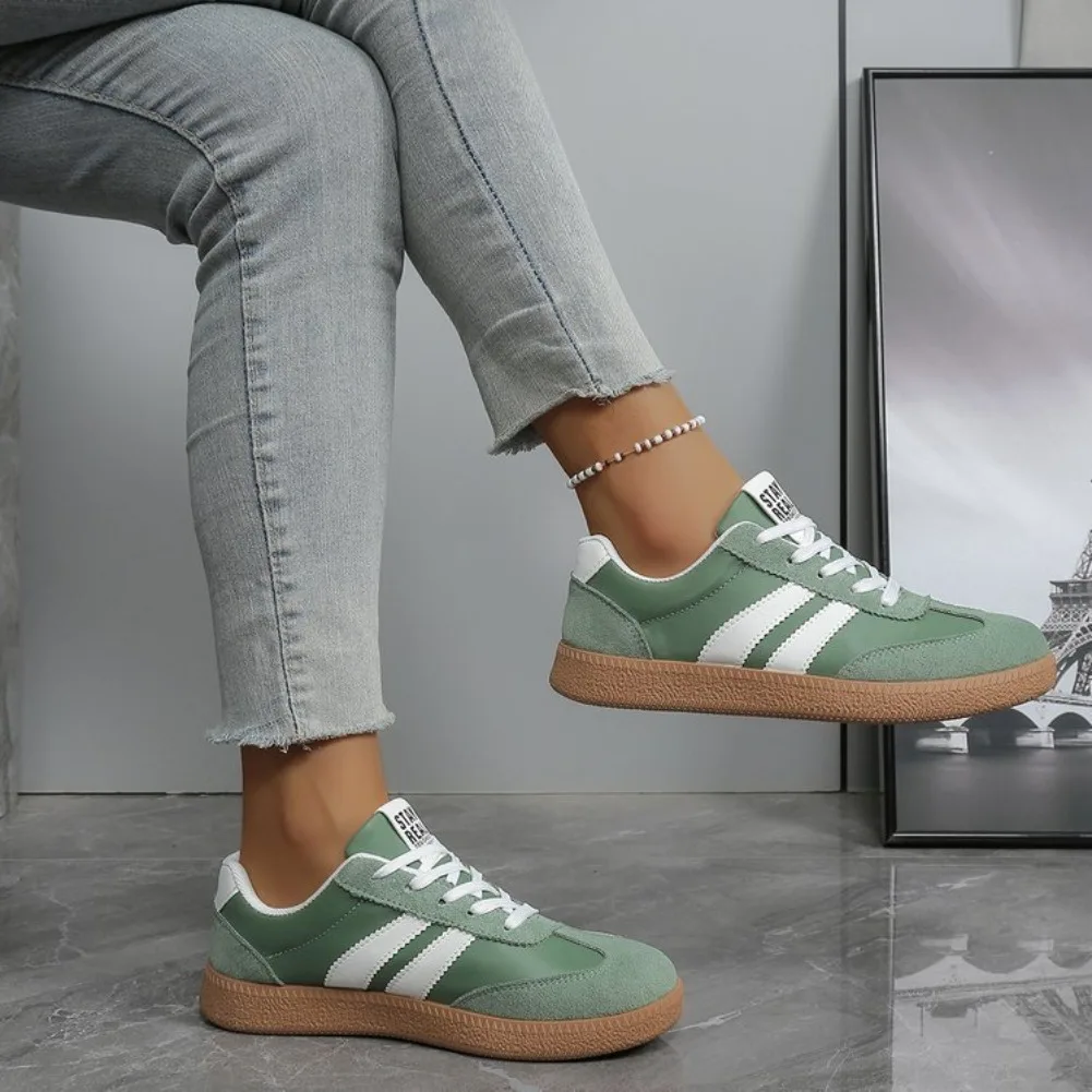 Leve tênis confortável para mulher moda listrado rendas até sapatos esportivos mulher casual respirável tênis verdes plus size - Imagem 4