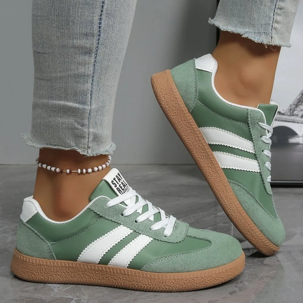 Leve tênis confortável para mulher moda listrado rendas até sapatos esportivos mulher casual respirável tênis verdes plus size - Imagem 3