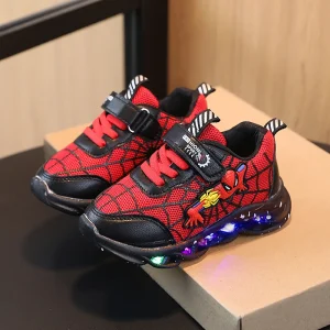 Led tênis casuais vermelho preto para primavera meninos spiderman malha sapatos ao ar livre crianças iluminado sapatos antiderrapantes tamanho 21-30